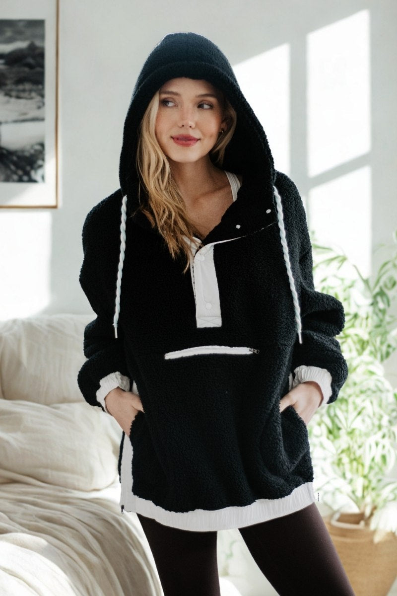 Black Sherpa Pullover Hoodie | Women's Jackets | Shop Katydid