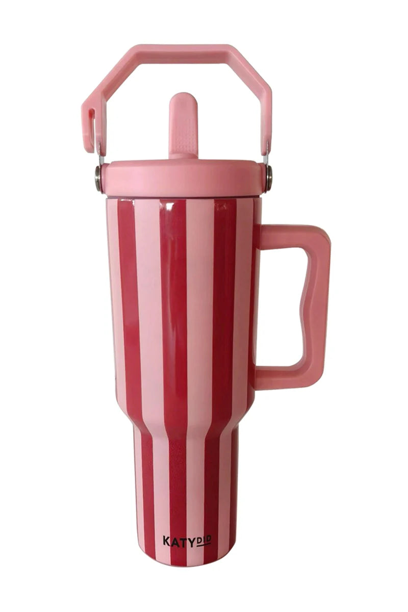 Pink and Wine Striped Stainless Steel Cabana Tumbler - Thumbnail 4