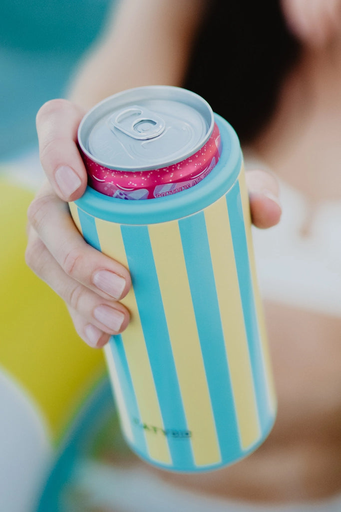 Yellow and Aqua Striped Slim Can Koozie