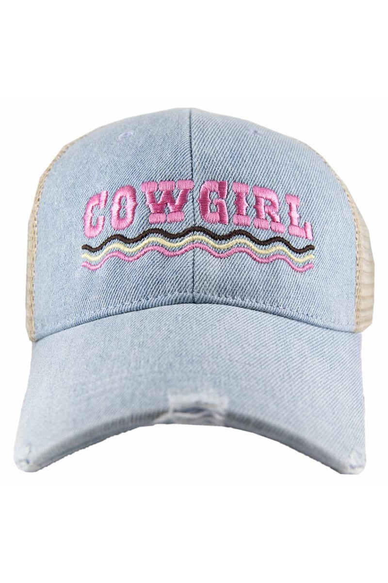 COWGIRL Spelled Out Denim Trucker Hat - Katydid.com