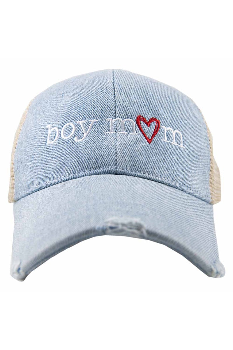 Boy Mom (Red Heart) Denim Trucker Hat - Katydid.com