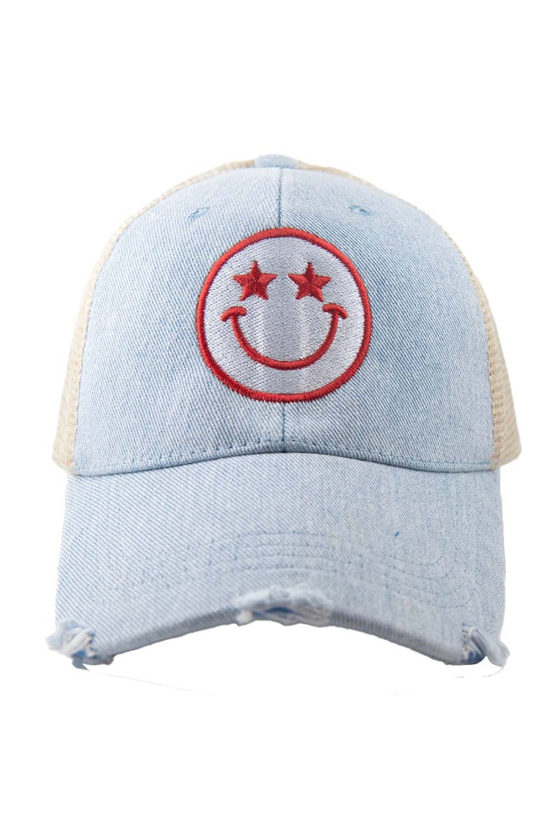 Star Eyed Happy Face Denim Embroidered Trucker Hat - Katydid.com