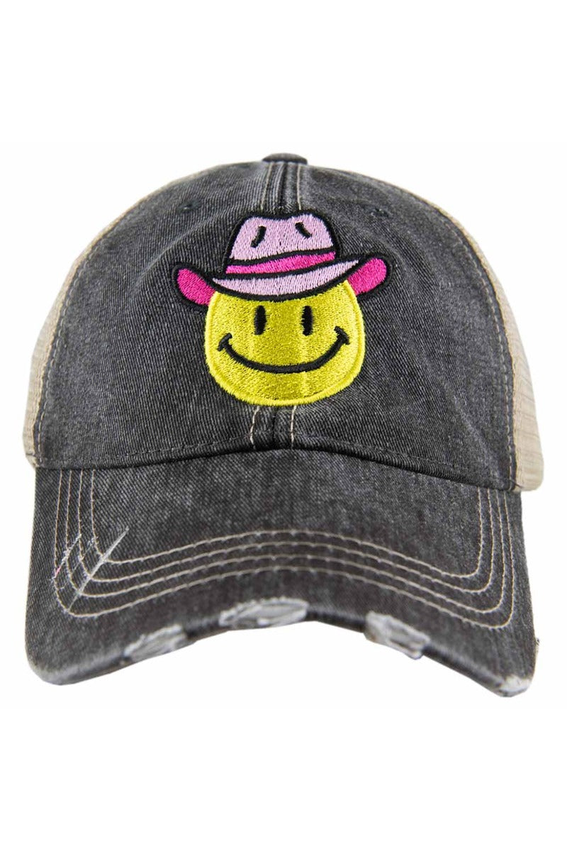 A black denim baseball cap with a mesh back, featuring a yellow smiley face—embroidered in pink and purple cowboy hat—on the front, makes the perfect addition to Katydid.com’s Build Your Own Katydid Set 10 Items for 60, a 350 value, and pairs perfectly with cute accessories or cozy slippers from this exclusive offer.