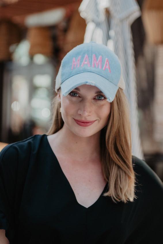 MAMA (Pink and White) Denim Trucker Hat - Katydid.com