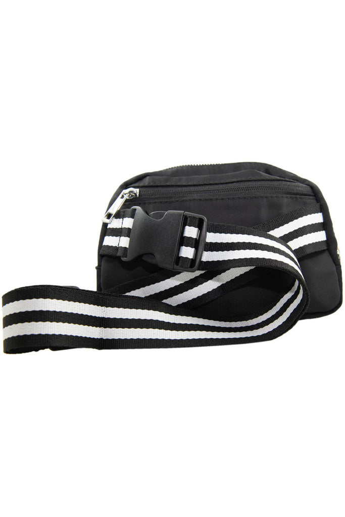 Black Solid Belt Bag with Striped Strap