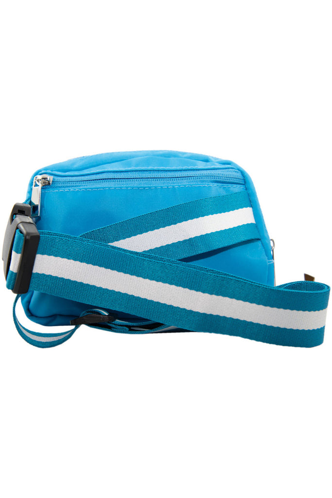 Blue Solid Belt Bag with Striped Strap