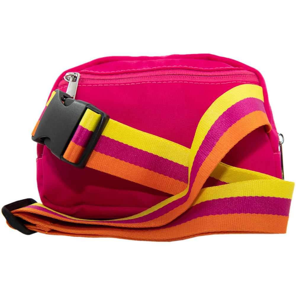 Hot Pink Solid Fanny Pack with Striped Strap
