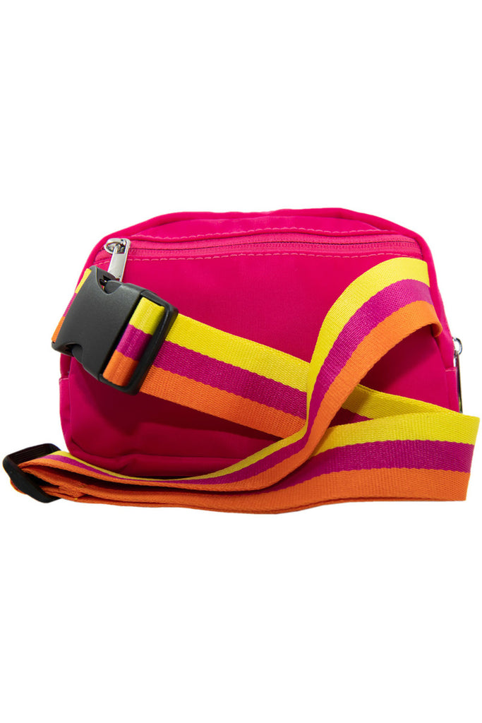 Hot Pink Solid Fanny Pack with Striped Strap