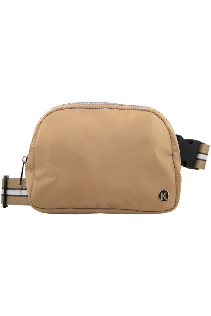 Tan Solid Belt Bag with Striped Strap