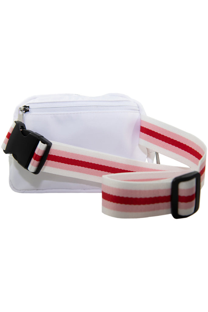 White Solid Belt Bag with Striped Strap