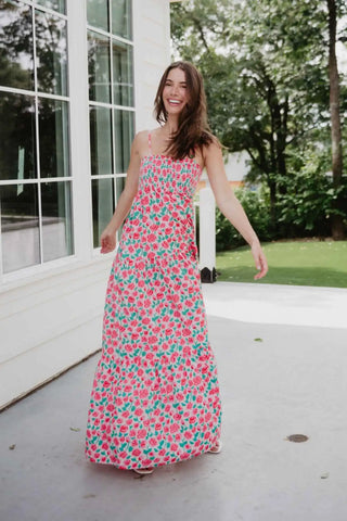white and pink floral maxi dress White & Pink Floral Tiered Crochet Lace Boho Maxi Dress