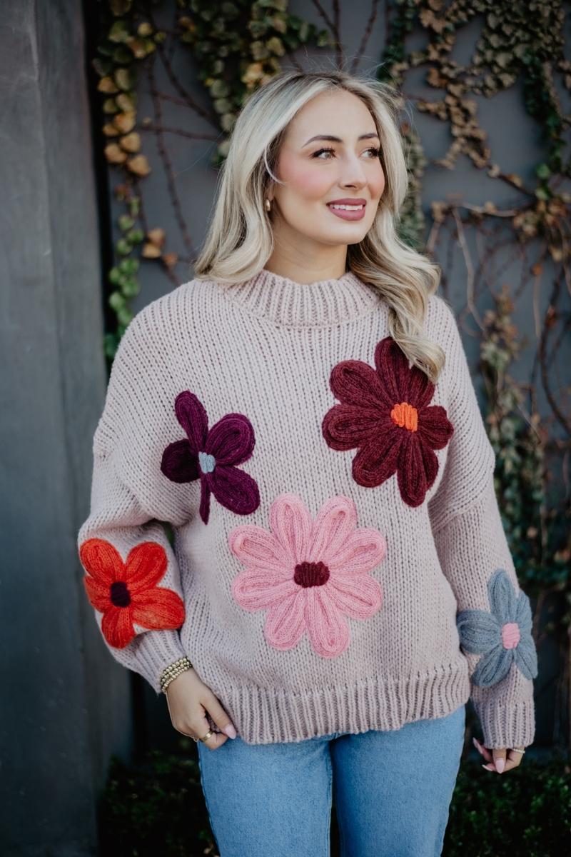 Tan Knit Floral Stitched Sweater | Women's Sweaters | Katydid
