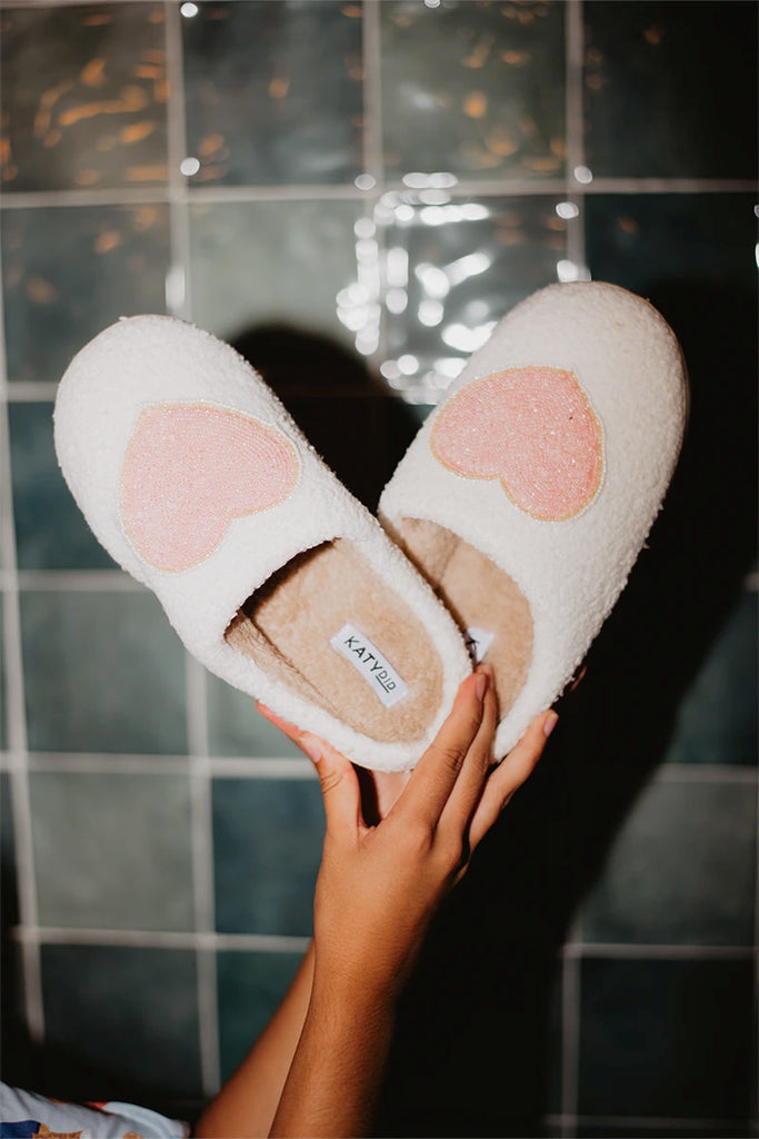 Beaded Pink & Gold Heart Women's House Slippers
