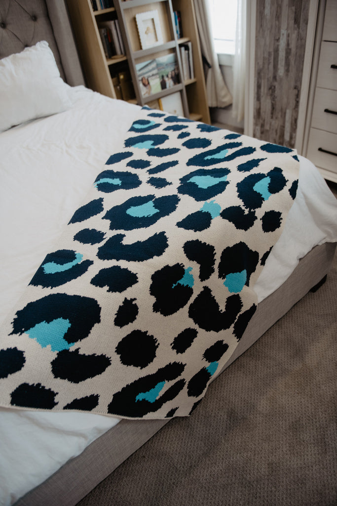 Blue Leopard Knit Throw BLANKET