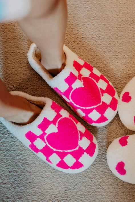 Hot Pink HEART CHECKER Fuzzy Slippers