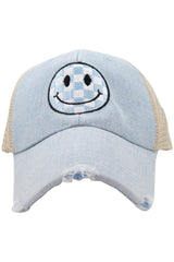 Light Blue Checkered Happy Face Trucker Hat