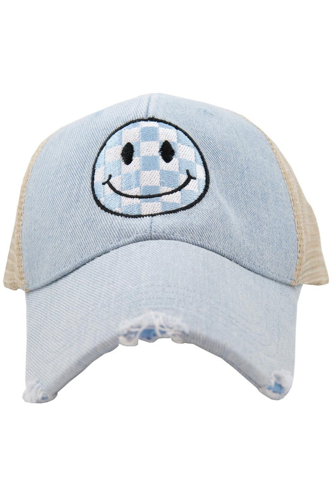 Light Blue Checkered Happy Face Trucker Hat