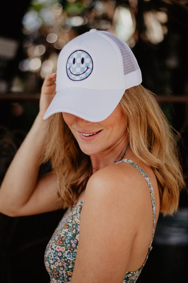 Light Blue Checkered Happy Face Foam Trucker Hat