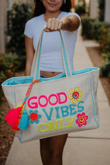 Good Vibes Only Happy Floral Canvas Tote Bag