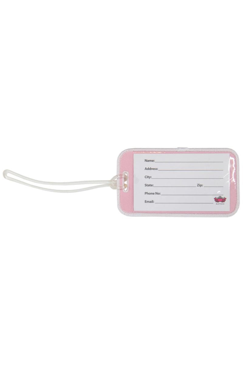 The Katydid Mama Bear Luggage Tag is pink with a clear silicone strap and card for your contact info name, address, city, state, zip, phone, email—a stylish travel accessory for every mama bear.