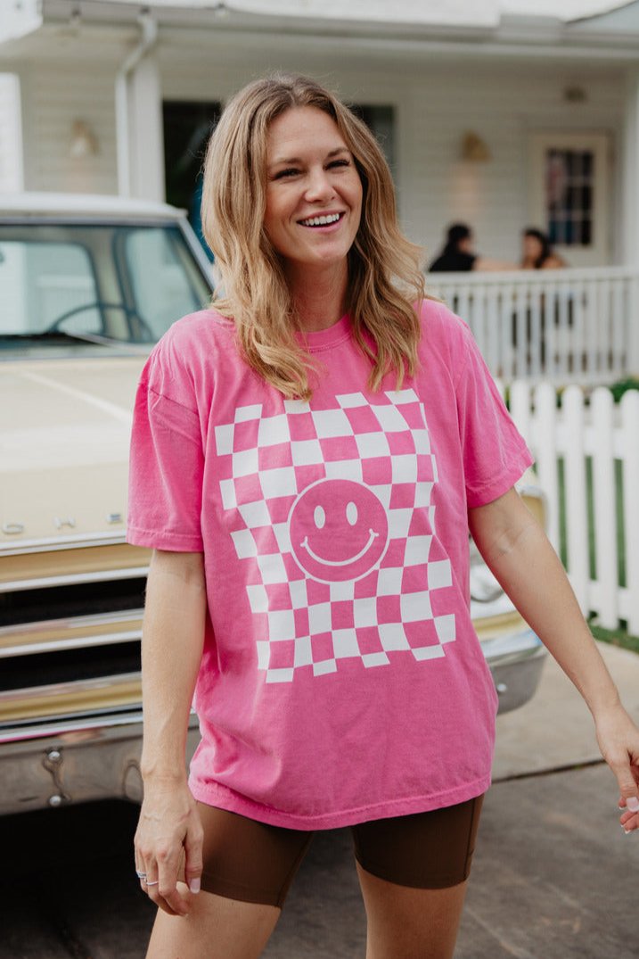 Checkered Happy Face Graphic Tee for Women | Katydid