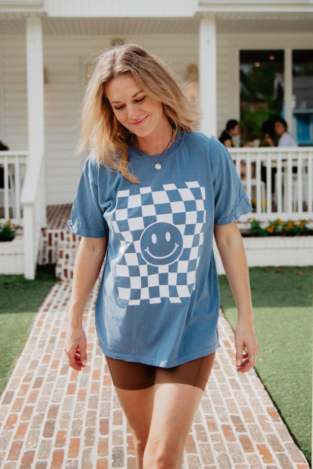 Checkered Pattern Happy Face T-Shirt - Katydid.com