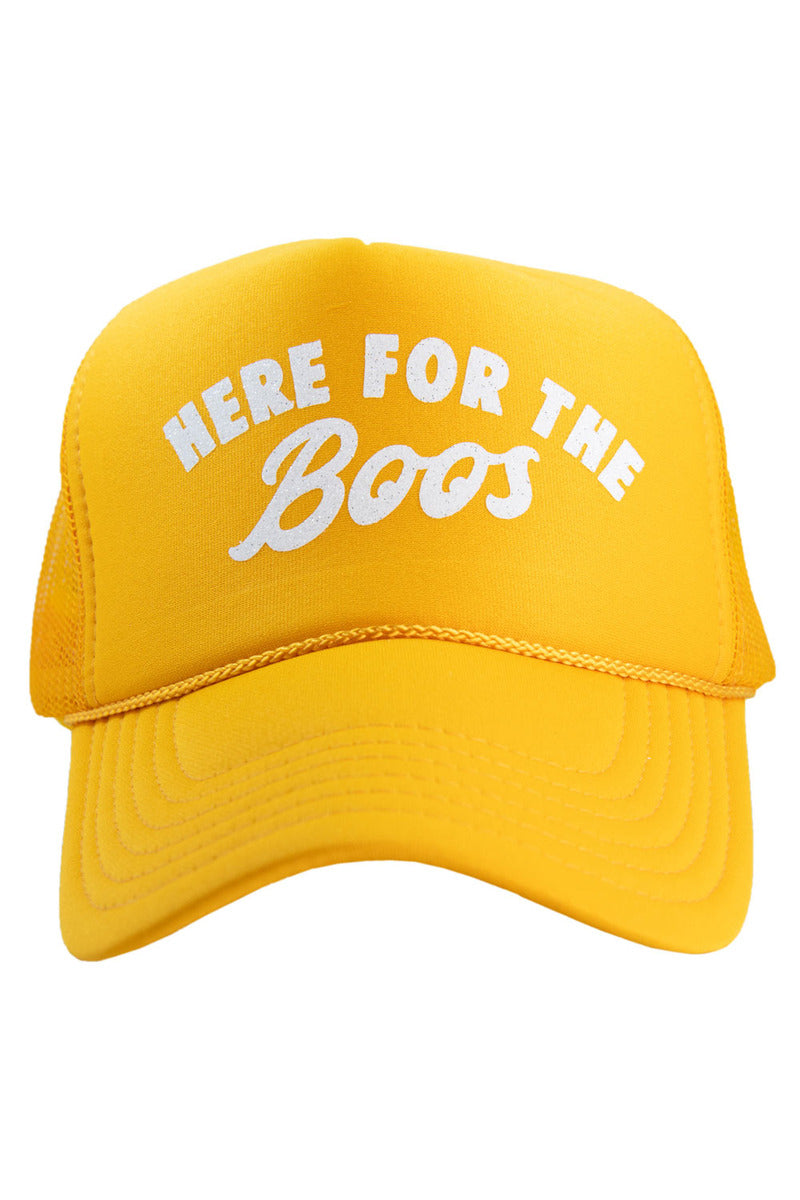 The Katydid Here for the Boos Womens Foam Trucker Hat is a bright yellow Halloween hat with a snapback and white HERE FOR THE Boos text on the front.