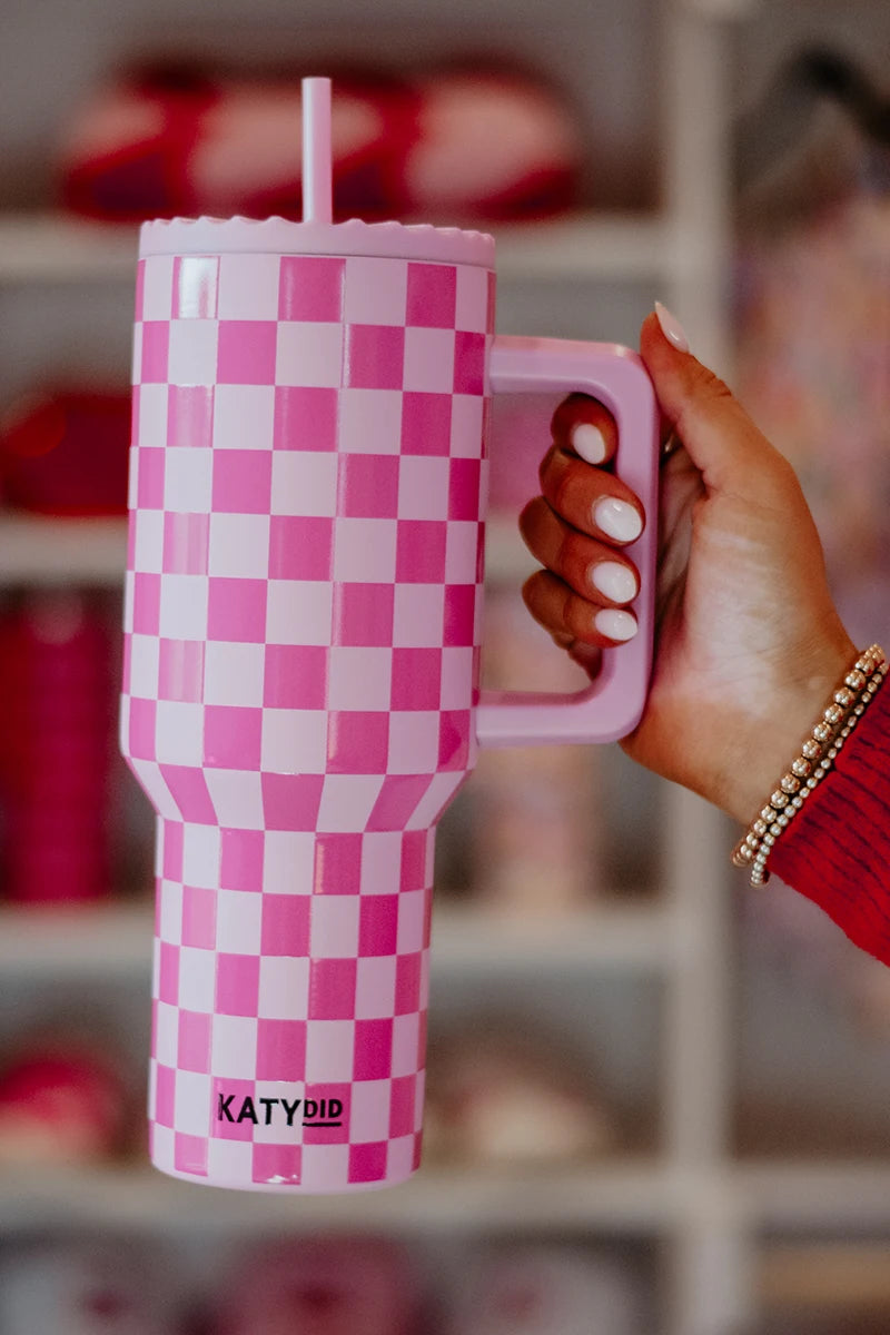 Pink Checker 38 Oz Tumbler with Handle