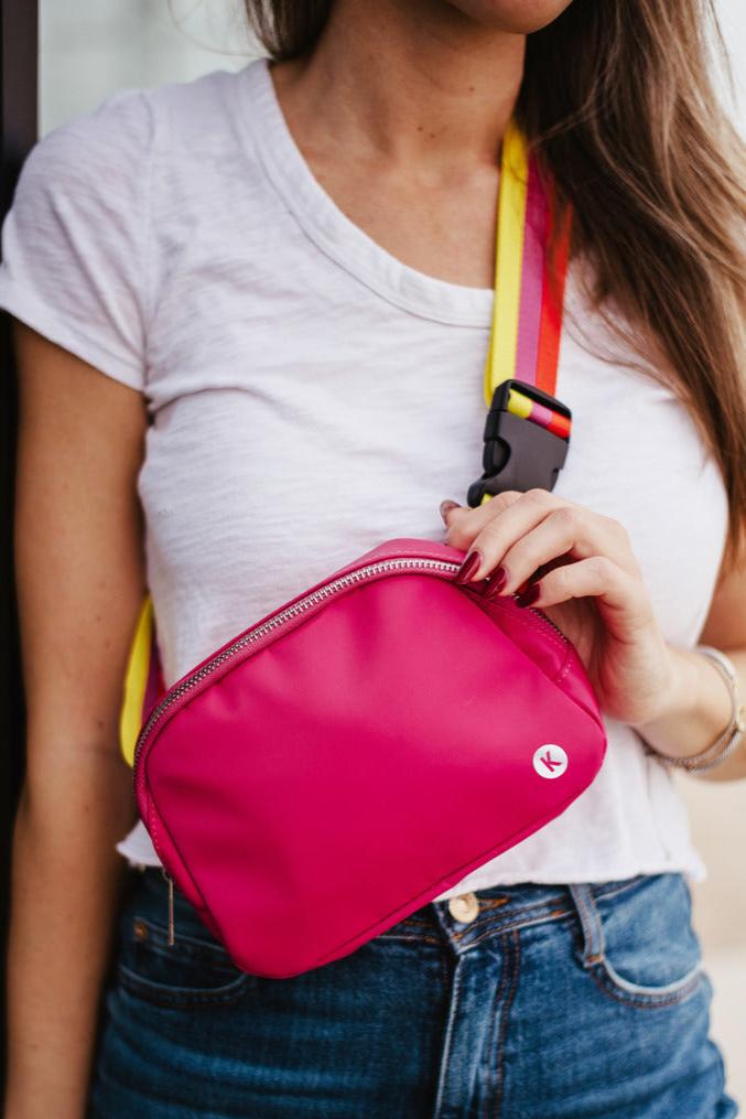 Hot Pink Solid Fanny Pack with Striped Strap