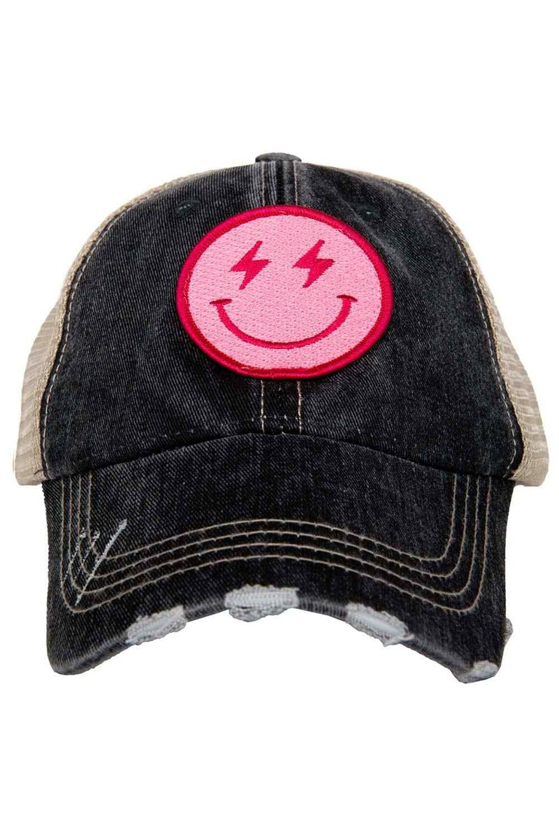 Hot Pink Lightning Happy Face (Black/Tan) Trucker Hat