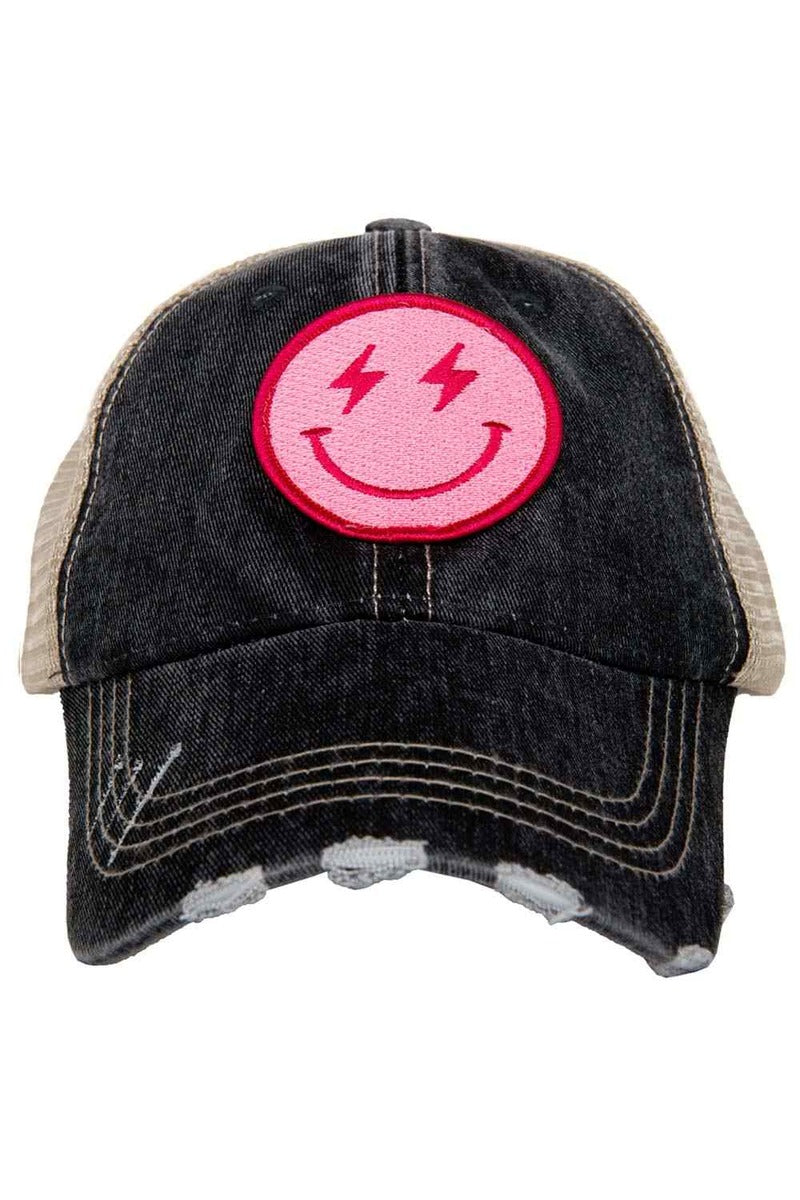 Hot Pink Lightning Happy Face (Black/Tan) Trucker Hat - Katydid.com