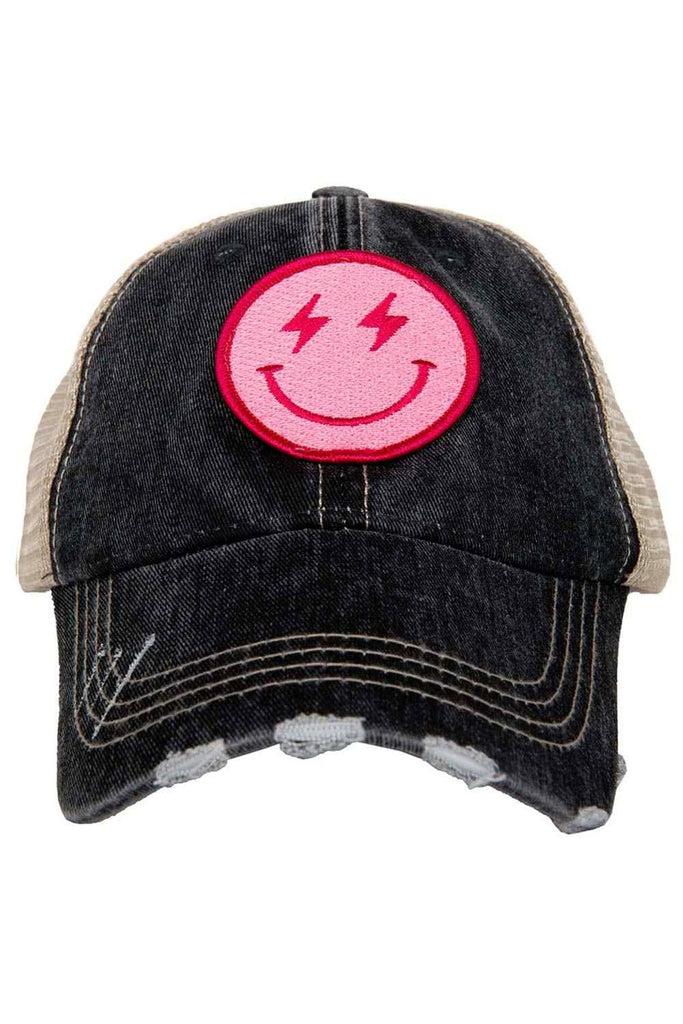 Hot Pink Lightning Happy Face (Black/Tan) Trucker Hat