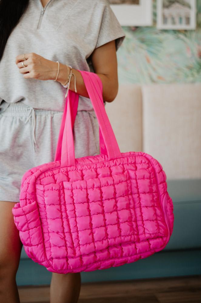 Katydid Hot Pink Quilted Duffel Weekender Bag w Pass Thru Slip