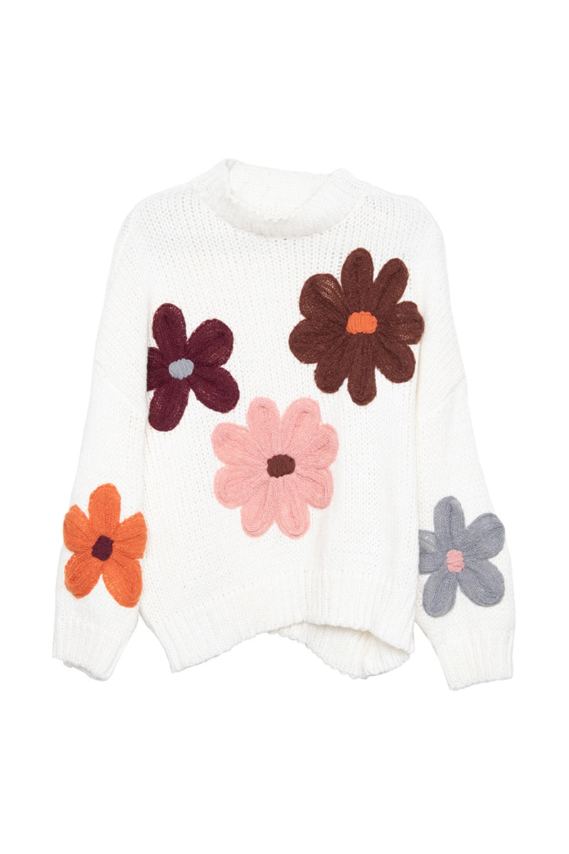 Floral Stitched White Knit Sweater | Women's Fall Sweaters | Katydid