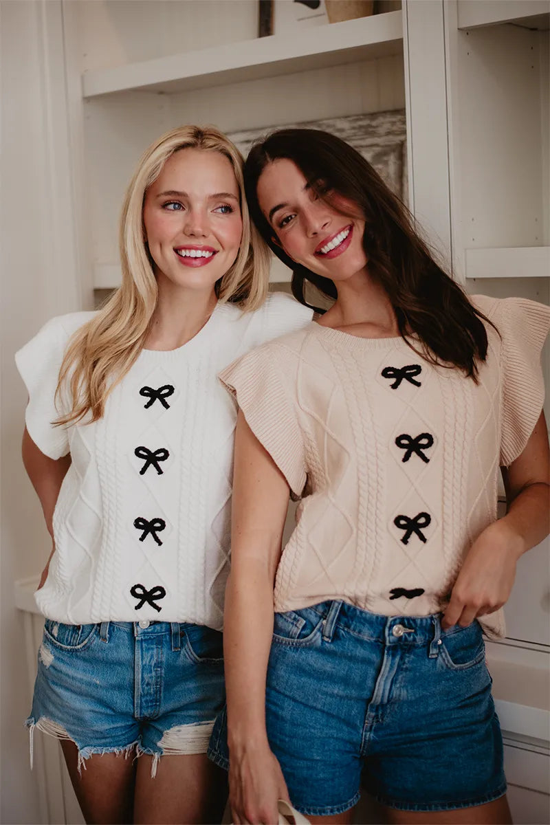 Tan Coquette Bow Sweater Top