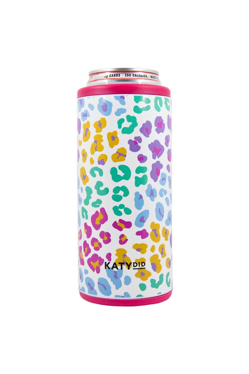 Keep your drink cool and stylish with the Katydid Pastel Leopard Can Cooler Beer Can, a slim can koozie featuring pink, yellow, green, and blue spots on a white background and KATYDID printed near the bottom.