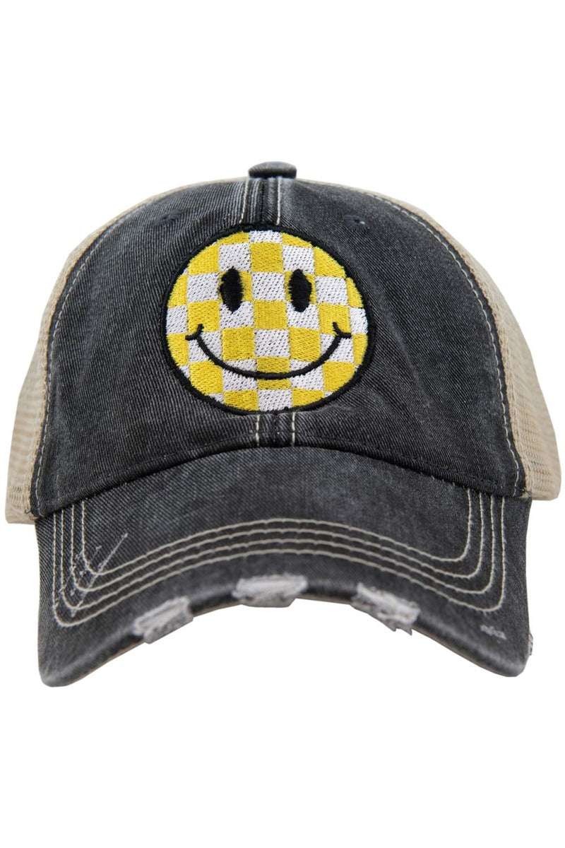 Yellow Checkered Happy Face Trucker Hat - Main Image