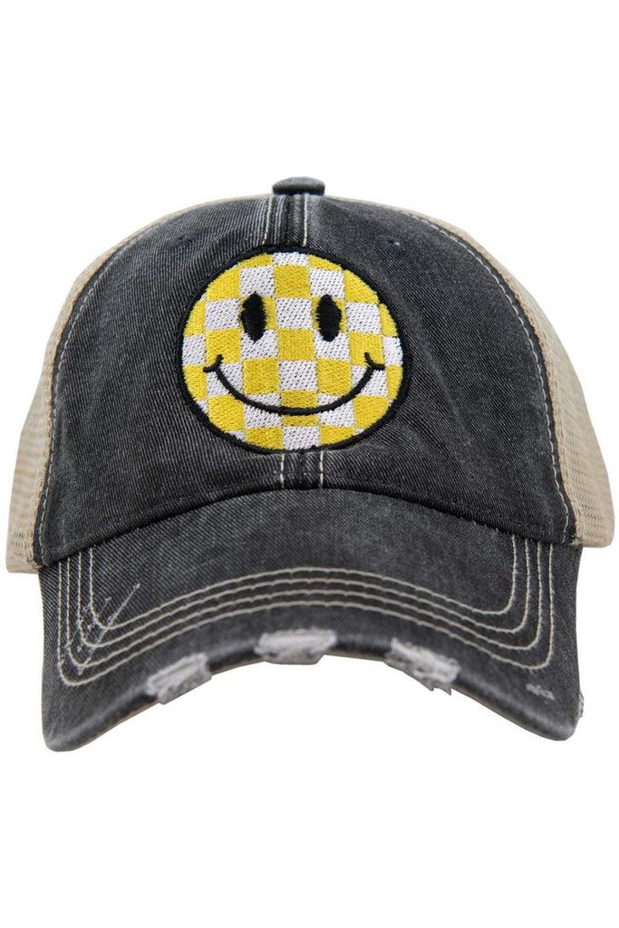 Yellow Checkered Happy Face Trucker Hat