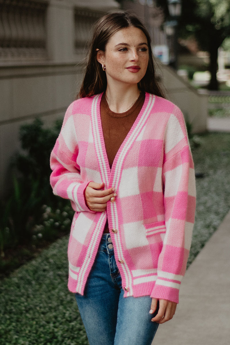 Plaid Gold Button Knitted Pink Cardigan