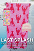 A person holds a pink towel with red lobsters. Overlay: pastel floral can cooler, light pink i’m nicer when I’m tan hat, and text: “Katydid.com Last Splash Bridesmaid Proposal Box was 100 now 69.95.” Perfect bachelorette gift.