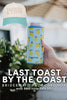 A hand holds a blue lemon-patterned can cooler. Above is a cream and teal “TANNED  TIPSY” hat. Below: Katydid.com’s Last Toast by the Coast | Bridesmaid Proposal Box—ideal for coastal bachelorettes—was 60, now 49.95.