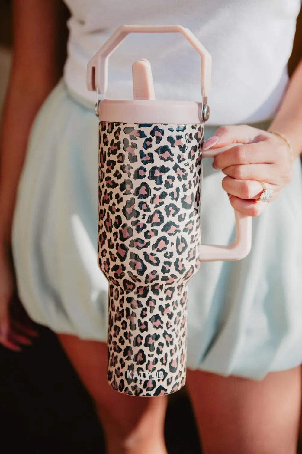 Brown Leopard Stainless Steel Tumbler with Lid Handle