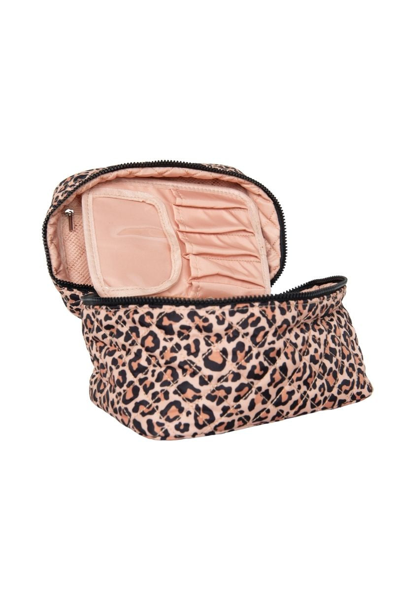 The Katydid Brown Leopard Makeup Bag Travel features a chic pink and black print, unzips to reveal compartments and elastic holders—perfect for organizing all your essentials in style.