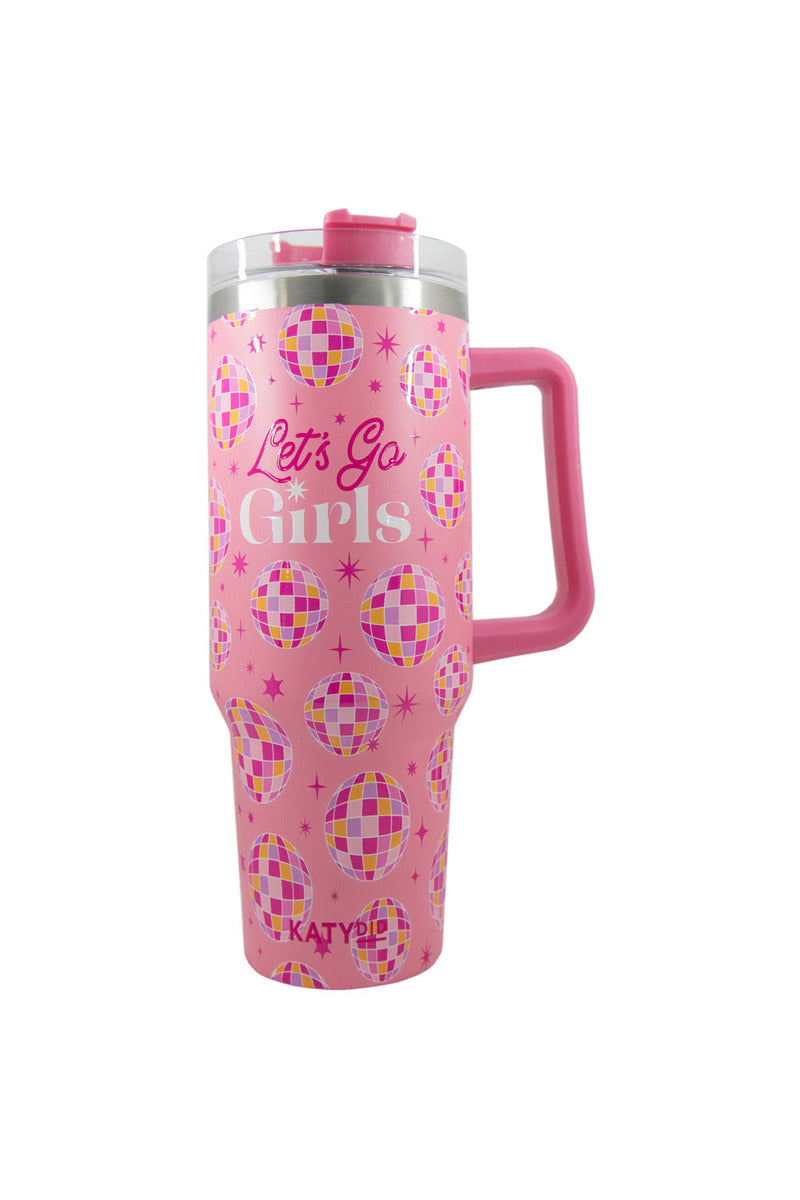 The Katydid Let’s Go Girls 40 Oz Stainless Steel Tumbler Cup features a tall Western pink design with a handle, colorful disco balls, shiny “Let’s Go Girls” text, a clear lid with a pink slider, and “KATY” near the bottom.