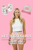 A woman in a white tank top and patterned shorts stands before a pink backdrop with illustrated slippers and a cap above her. Text reads: Lets Go Girls | Bridesmaid Proposal Box by Katydid.com—was 106, now 70.
