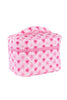 The Katydid Light and Hot Pink Hearts Cosmetic Bag features a handle, zippered middle closure, and a pink heart and diamond pattern on a white background.
