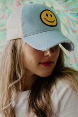 Yellow Happy Face Denim Trucker Hat