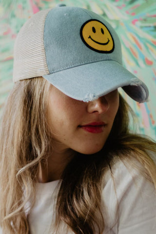 Yellow Happy Face Denim Summer Hat