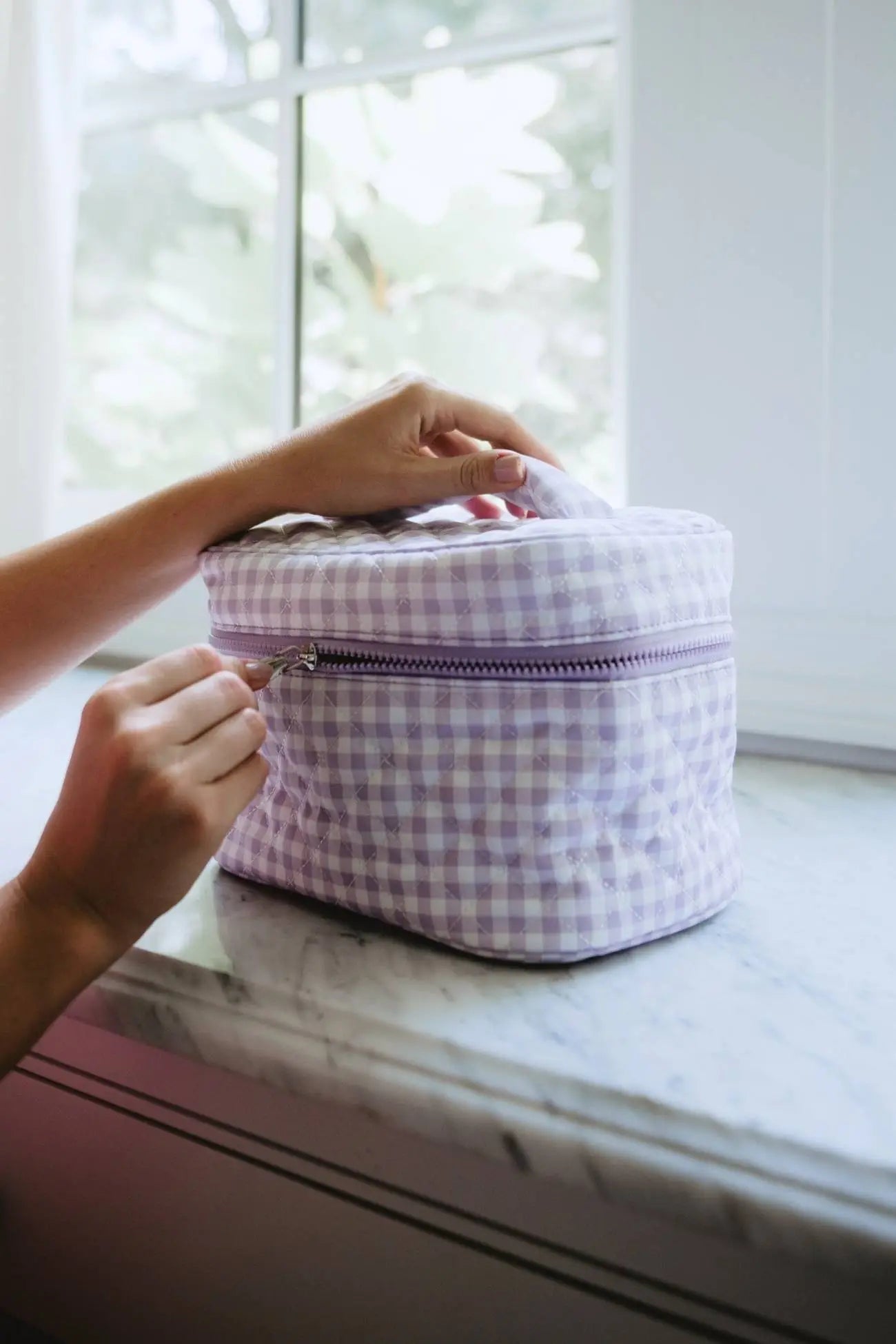 checkered travel makeup bag Light Purple Plaid Makeup Bag | Travel Cosmetics Bag