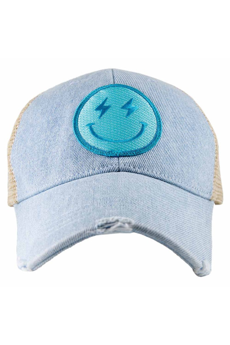 Turquoise Lightning Happy Face Denim Trucker Hat - Katydid.com